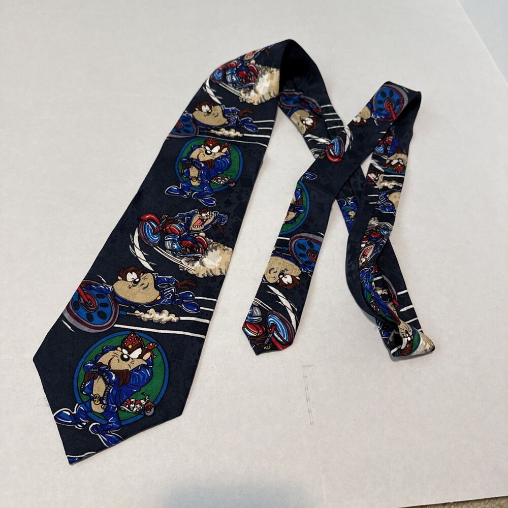 Vintage Looney Tunes Mania Neck Tie Tasmanian Devil Motorcycle Taz 100% Silk USA